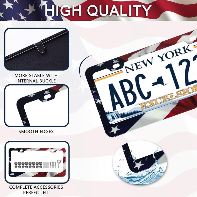 LIN KANG Patriotic American Flag License Plate Frame Holder - 2 Pack Universal Quality Metal Aluminum Matte Stripe US Flag Gloss Car Plate Frame Covers with 2 Holes and Free Screws Fasteners Caps - Image 4